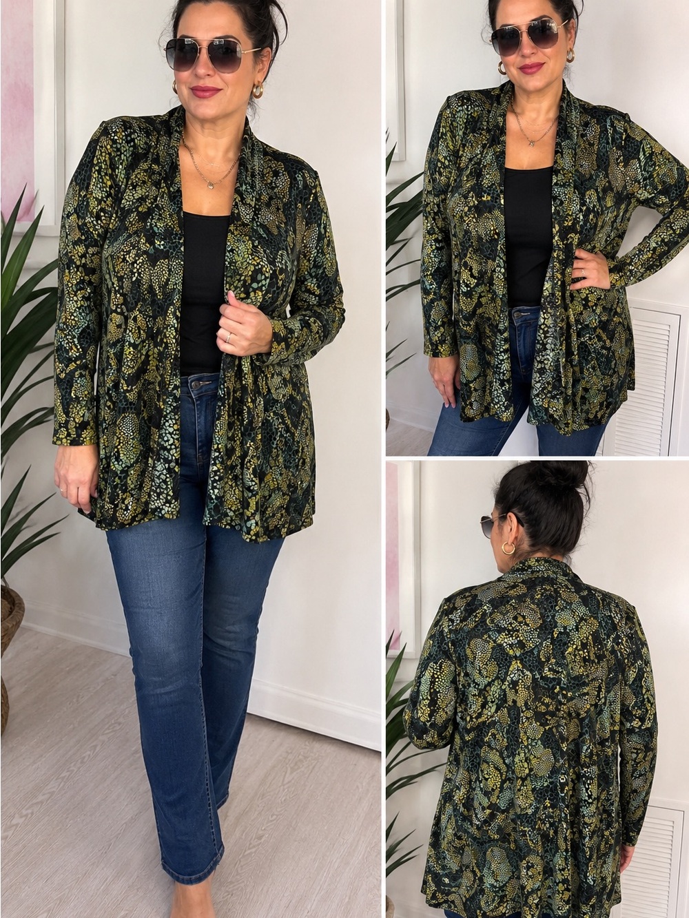 Choices Green and Black Snake-Print Open Cardigan
